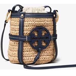Tory Burch Natural Straw Crossbody with Navy Leather Trim